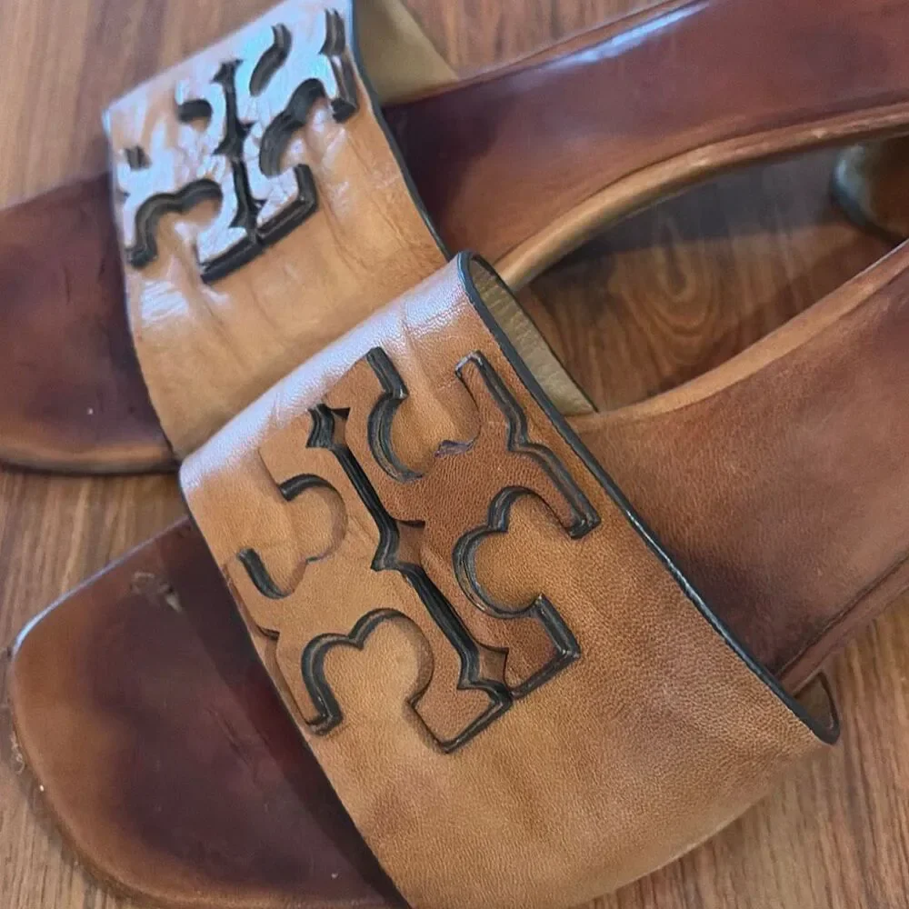 Tory Burch Ines brown leather slides heels sandals. Size 9.